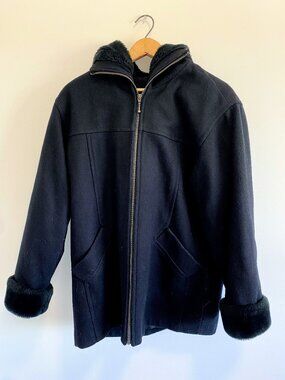 Vintage Black Wool Coat w/ Faux Fur Hood and Cuffs / 80s / Made in Canada